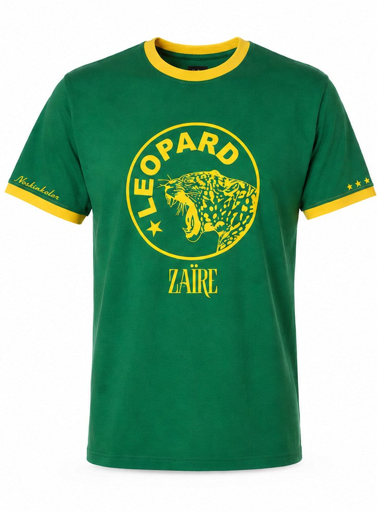 Leopard Zaïre ringer tee, green with yellow trim, front view, Noskinkolor