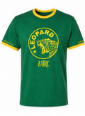 Leopard Zaïre ringer tee, green with yellow trim, front view, Noskinkolor